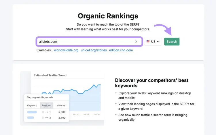 Organic Rankings tool start with "allbirds.com" entered as the domain and "Search" clicked.