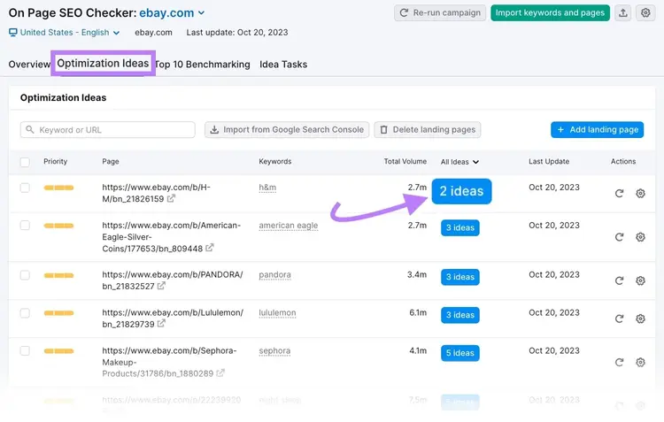 "Optimization Ideas" tab in On Page SEO Checker.