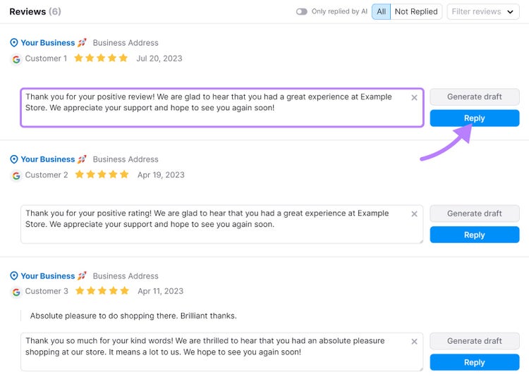 "Reviews" page in Semrush’s Review Management tool
