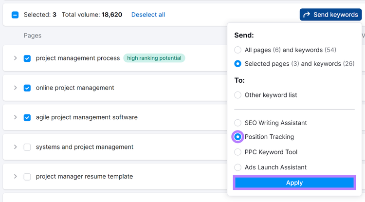 "Position Tracking" selected from the "Send to" drop-down menu