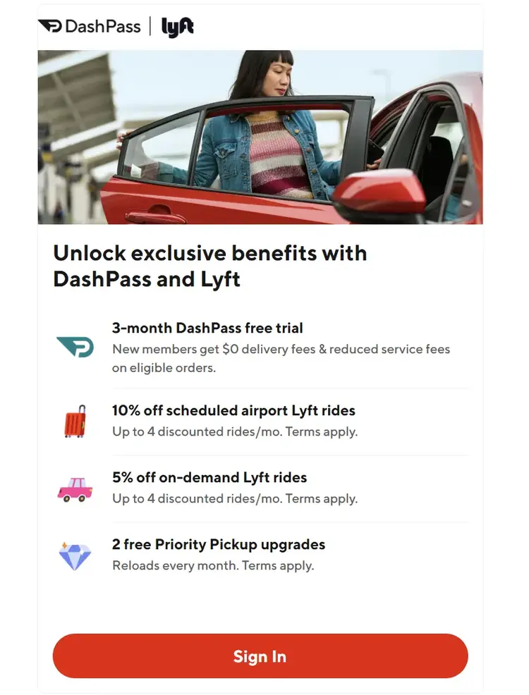 DoorDash website showing Lyft partnership page generating 408k visits in one month