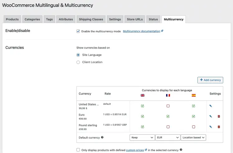 WooCommerce Multilingual multicurrency settings with USD, EUR, and GBP options