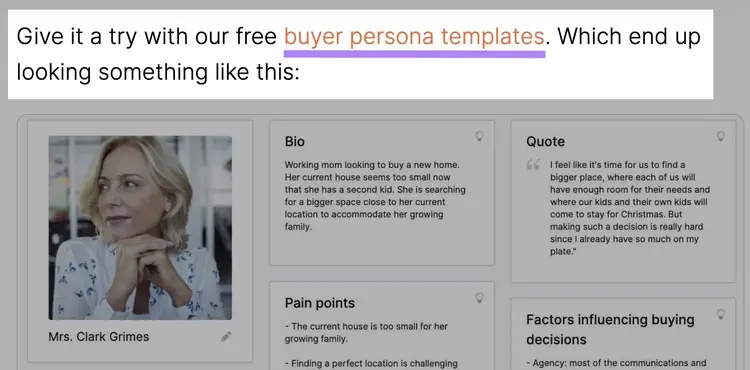 Screenshot: Buyer persona template example with photo, bio section, quote, pain points, and buying factors