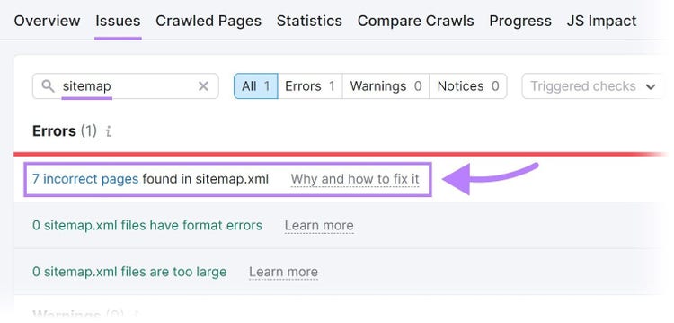 "Errors" section in Site Audit checks for your sitemap errors