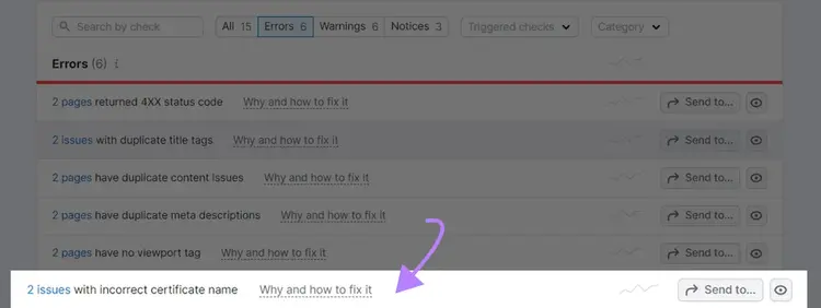 Incorrect certificate error within Site Audit