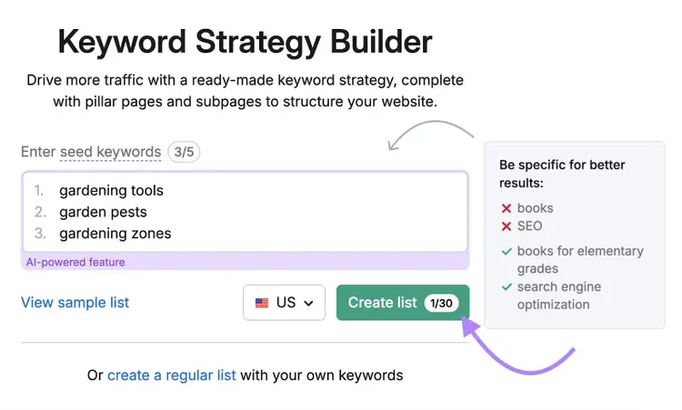 seed keywords like gardening tools, garden pests, and gardening zones entered into tool