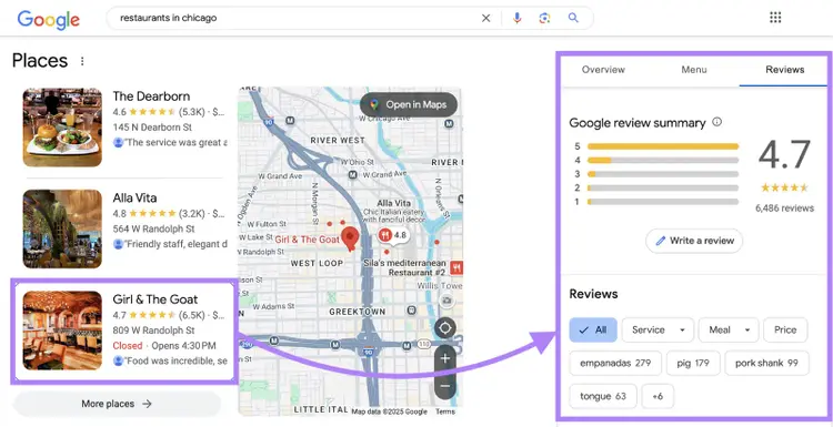 A Google Business Profile is open from the local map pack and shows customer reviews.