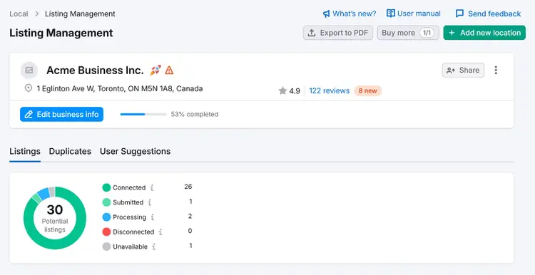 Semrush Listing Management dashboard with tools for editing business details.