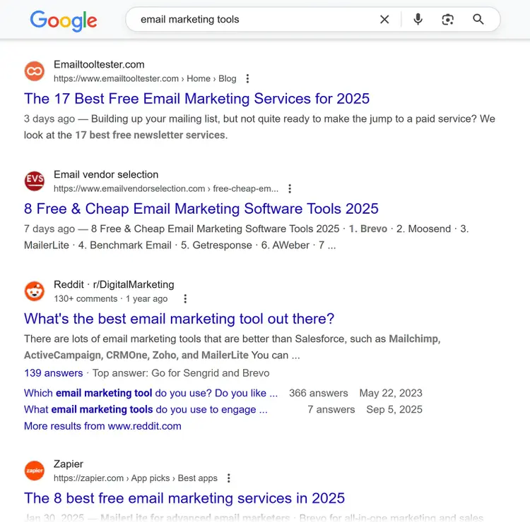 Google search results for “email marketing tools” showing blog and forum links