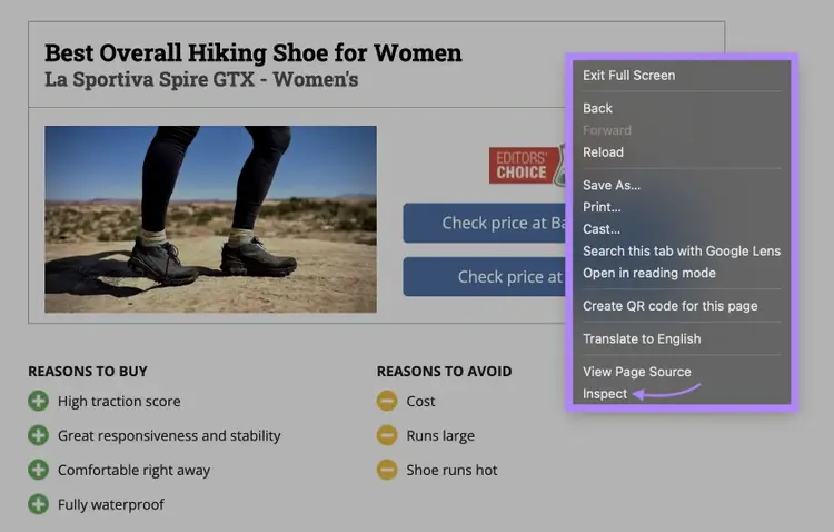 A webpage on Google Chrome right-clicked and "Inspect" selected from the list.