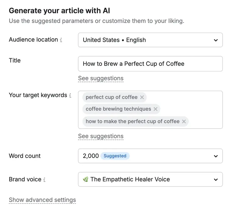 AI Article Generator parameters: United States audience, title 'How to Brew Perfect Cup Coffee', keywords