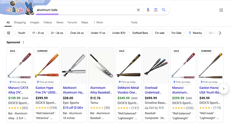 example of NLP in Google SERP for query "aluminum bats" which shows product ads for baseball bats