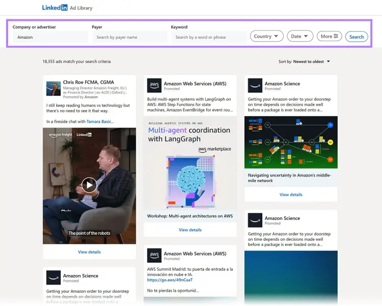 LinkedIn Ad Library search results page displaying Amazon sponsored ads and filter options