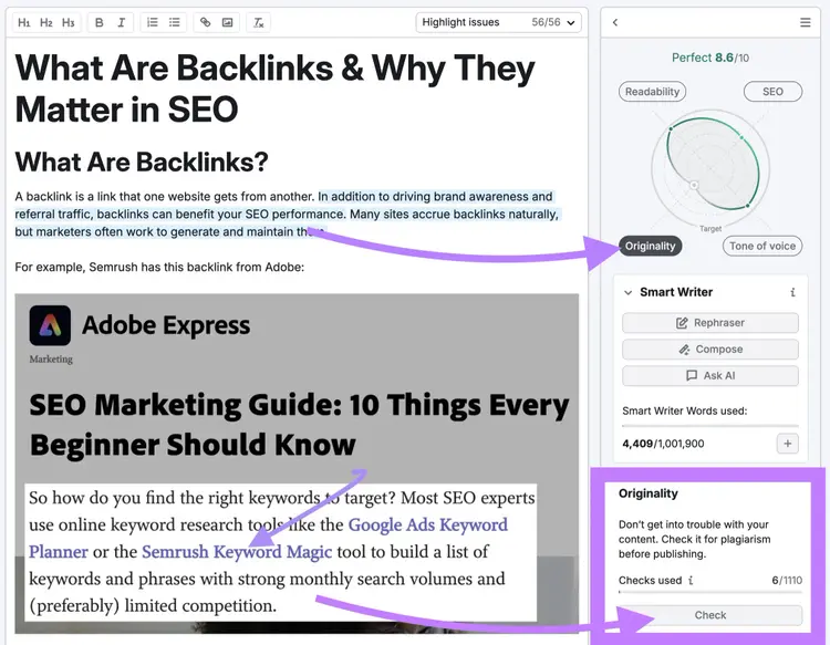 SEO Writing Assistant's originality modal