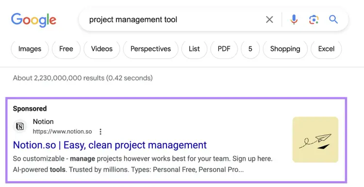 A search ad on Google's SERP for "project management tool" query