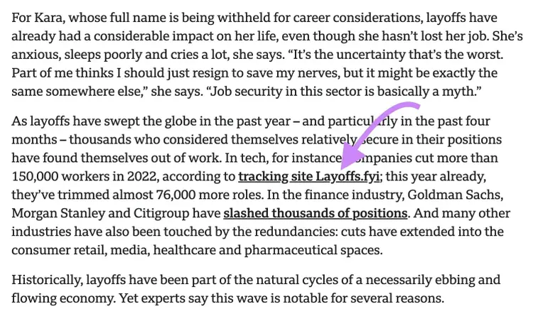 A backlink from BBC's article to Layoffs.fyi
