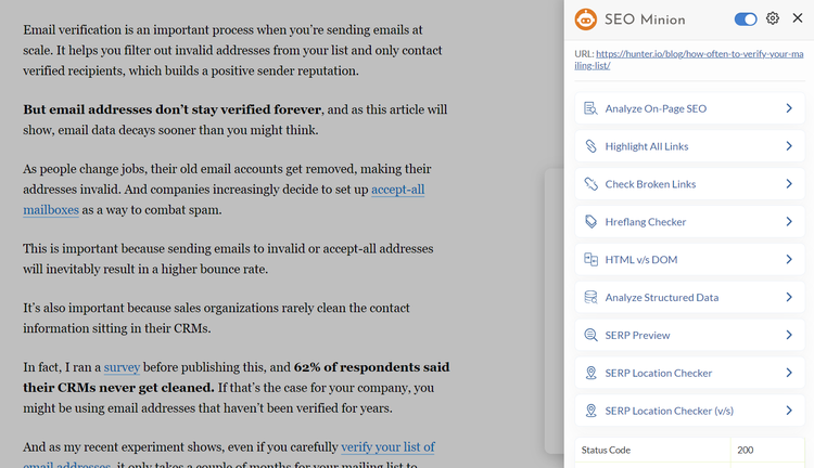 SEO Minion extension panel showing analysis options for on-page SEO