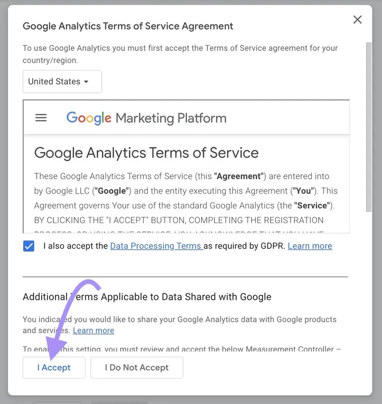 Accept Google Analytics terms of service agreement