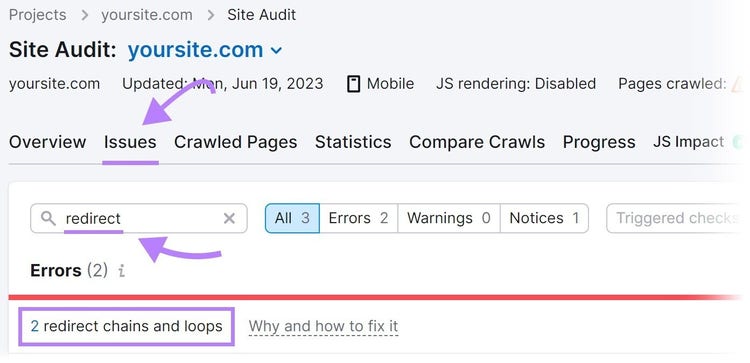 Errors section in Site Audit showing “2 redirect chains and loops”