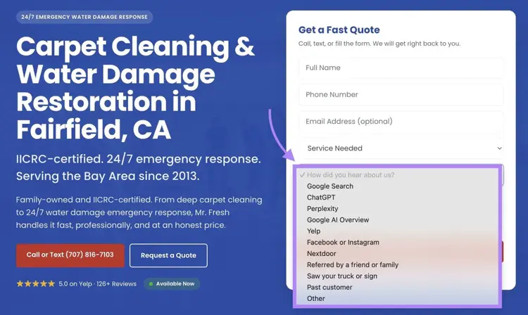 A contact form on a website with the “How did you hear about us?” drop-down including multiple referral channels including AI systems.