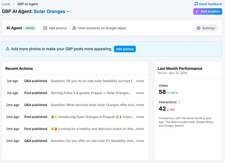 Semrush Local Toolkit - tracking the AI agent's work and GBP performance