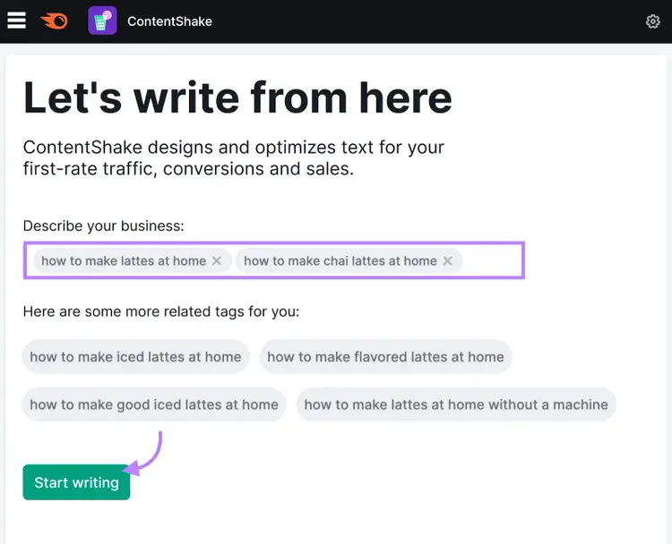 "Let's write from here" section in ContentShake AI