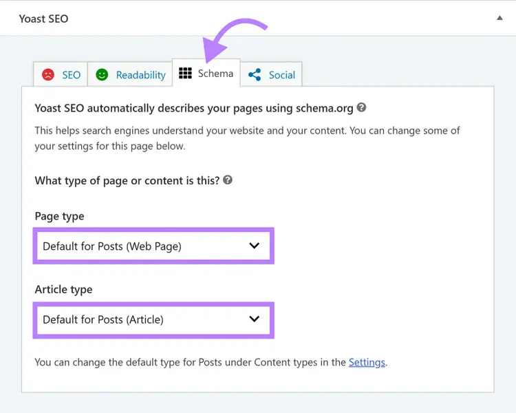 Yoast SEO Schema tab in WordPress with dropdowns for selecting the page type and article type