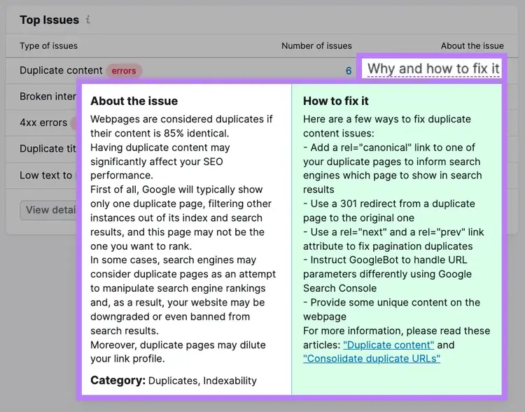 An example of "Why and how to fix it" section in Site Audit