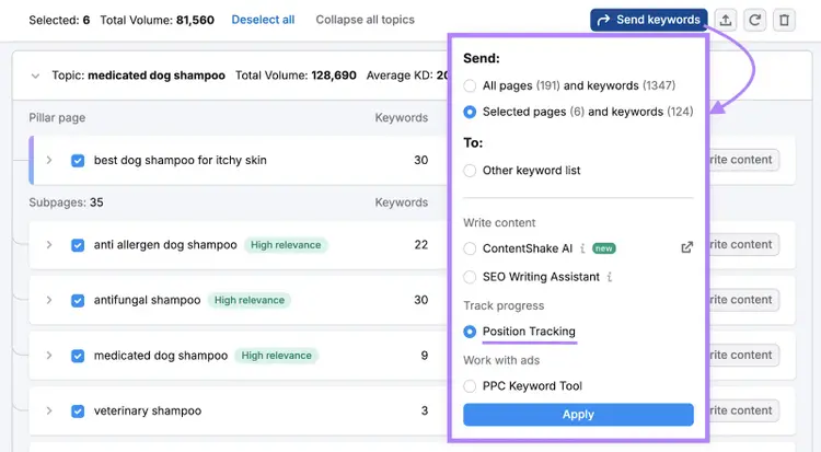 Send keywords option shows the ability to send a cluster to Position Tracking.