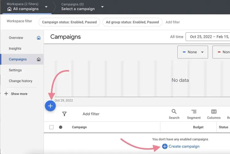 Select new campaign in google ads to run a dsa campaign
