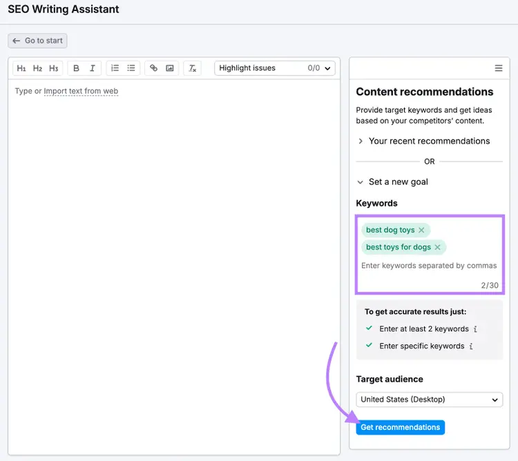 keywords entered into SEO writing assistant