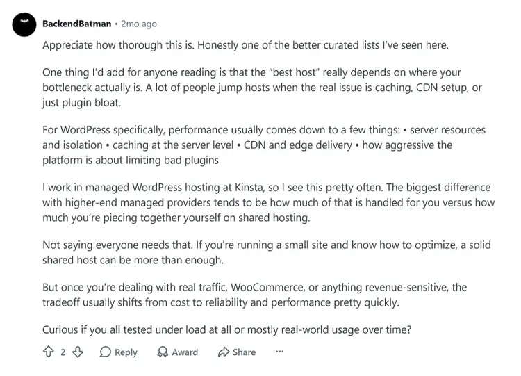 Reddit comment from a company employee sharing expertise and discussing WordPress hosting performance
