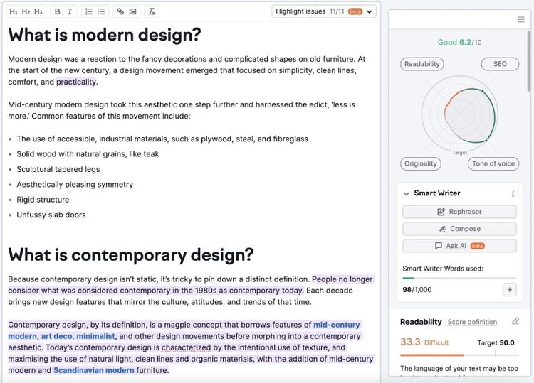 an example of article on "What is modern design" in Editor and its score chart in Semrush’s SEO Writing Assistant tool