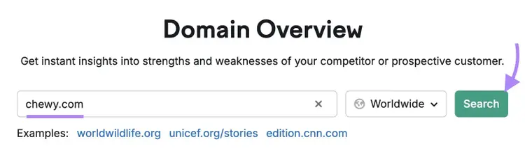 Domain Overview tool start with "chewy.com" entered as the domain and "Search" clicked.