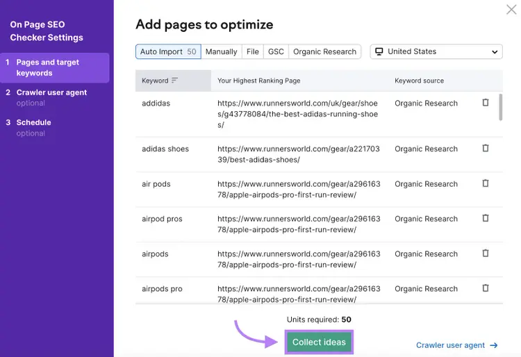 "Add pages to optimize" window in On Page SEO Checker settings