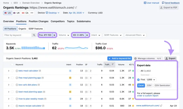 exporting a file from Organic Rankings