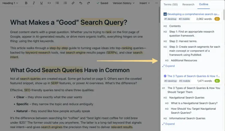 Document editor with competing content outline panel showing headings and structure.