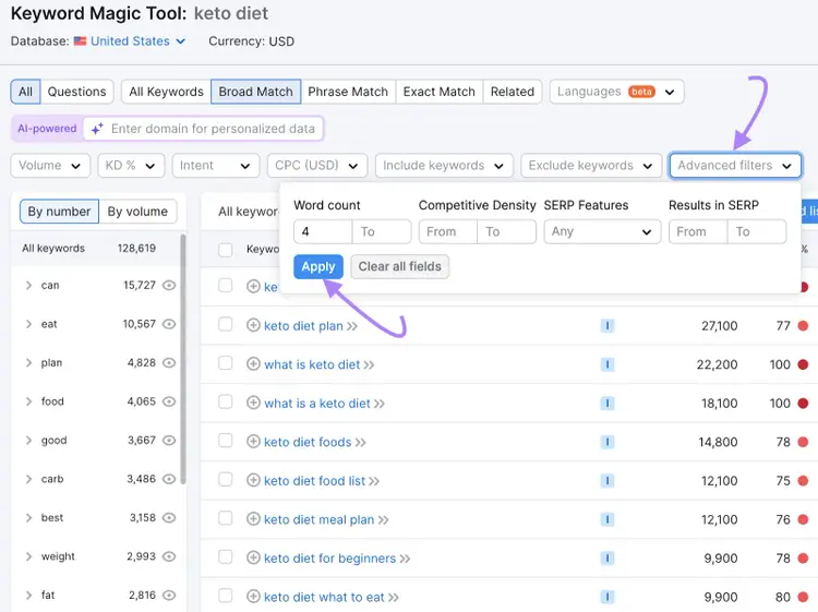 Advanced filters window in Keyword Magic Tool, with minimum four words set as the word count
