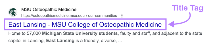 SERP listing for East Lansing MSU Osteopathic Medicine page with annotated Title Tag.