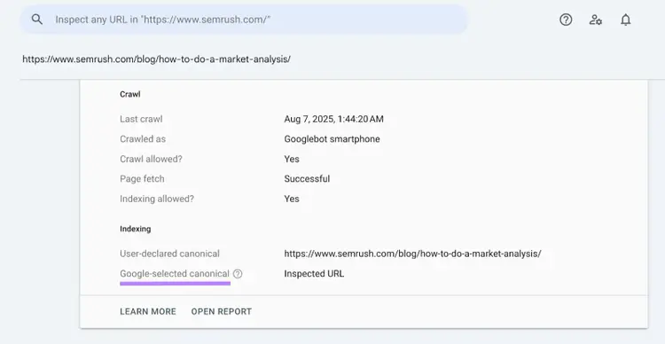 The page indexing drop down shows the Google-selected canonical and user-declared canonical.