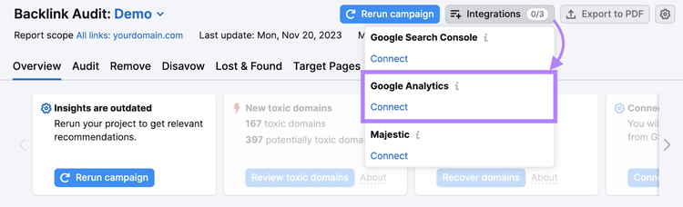 Connect Google Analytics to Backlink Audit tool