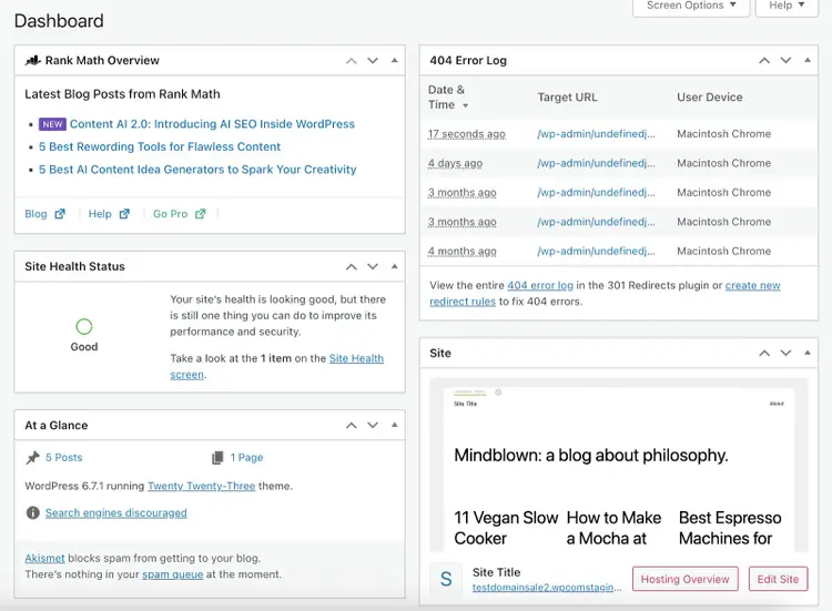 WordPress blogging platform dashboard shows site health status, 404 error log, content at a glance, and more views from plugins.