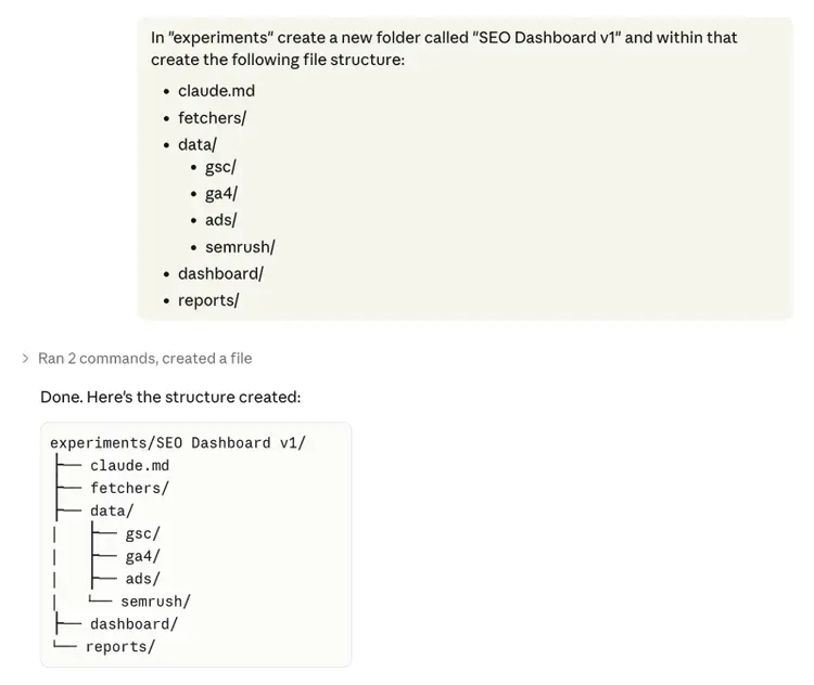 Claude Code creates SEO Dashboard project folder structure with data, fetchers, dashboard, and reports directories