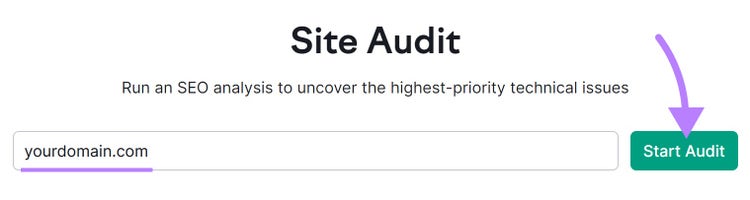 "yourdomain.com" entered into the Site Audit search bar