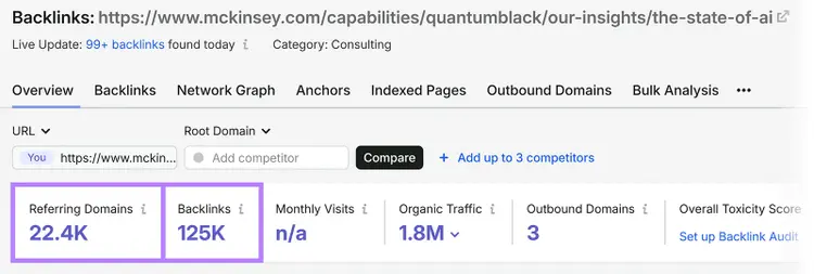 Semrush Backlink Analytics overview showing referring domains and backlinks for a specific McKinsey URL