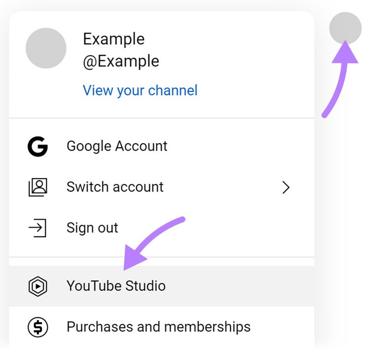 "YouTube Studio" highlighted in menu