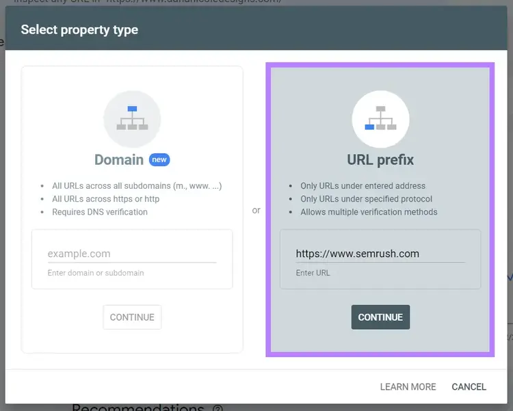 Google Search Console property type selection showing Domain and URL prefix options with HTTPS verification highlighted