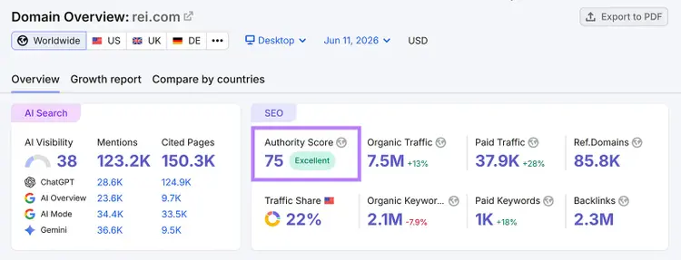 Semrush Domain Overview for rei.com showing Authority Score and other SEO metrics
