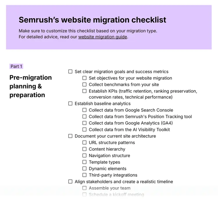 Semrush website migration checklist template preview