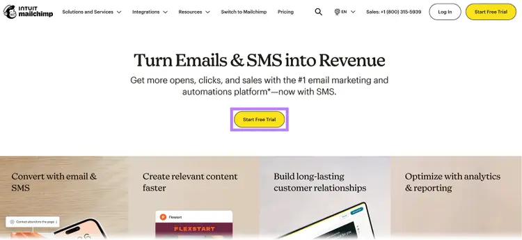 Mailchimp homepage with headline about turning emails and SMS into revenue and a highlighted start free trial button